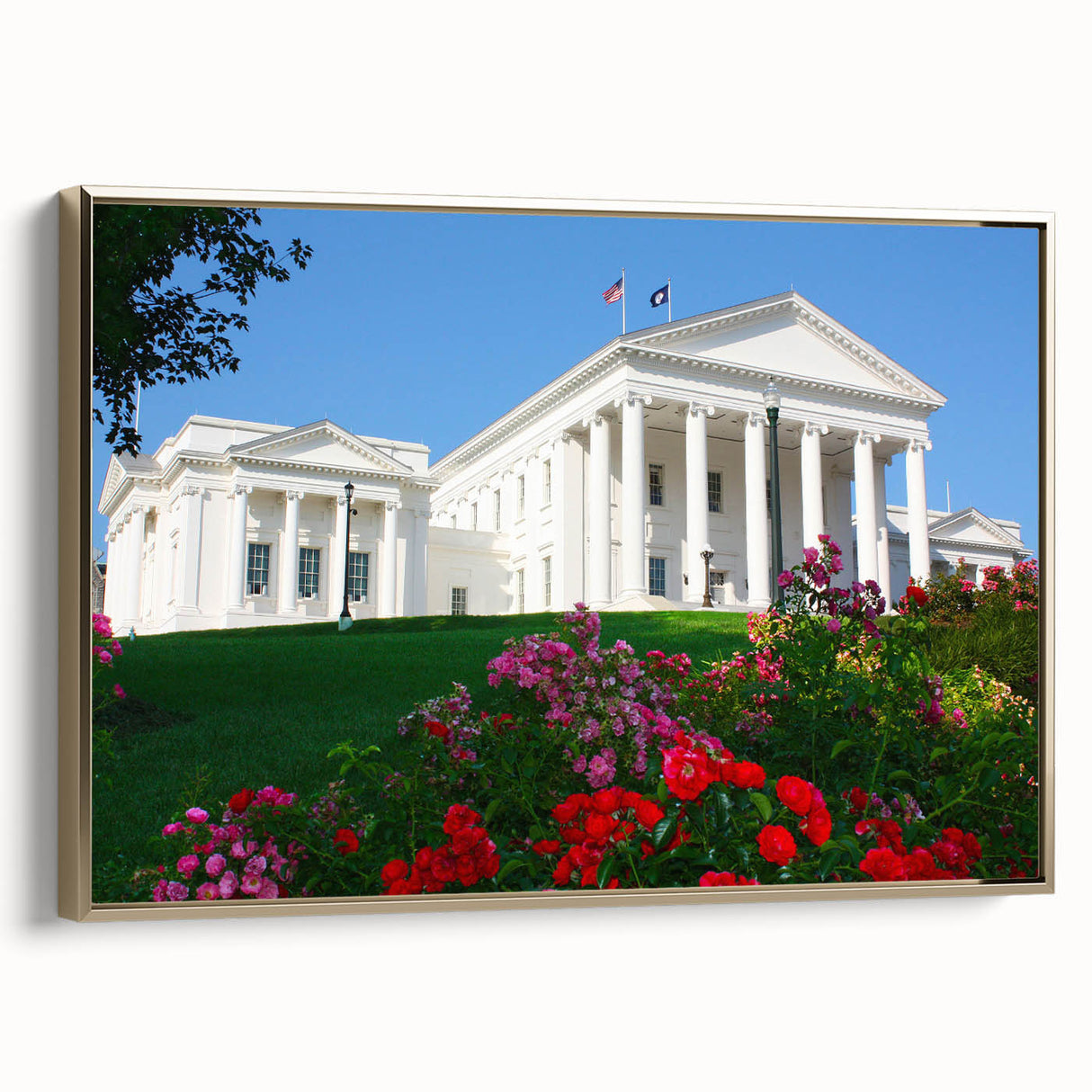 Framed canvas featuring a vintage-style landscape painting of Virginia scenery in muted earth tones.