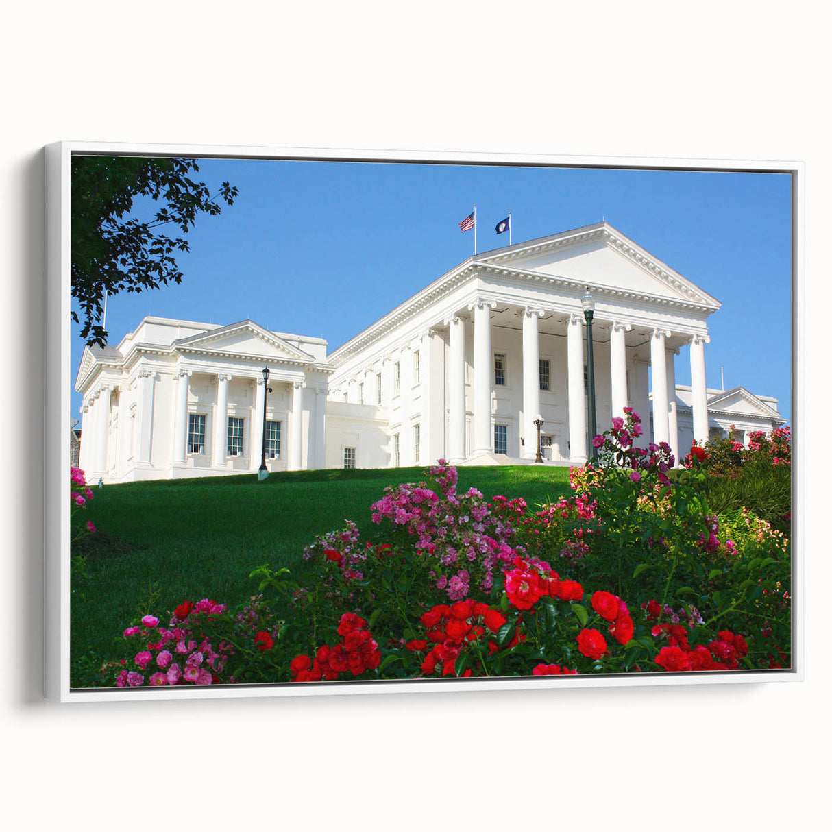 Vintage poster art of Virginia scenery on framed canvas, featuring colorful art in a black frame.