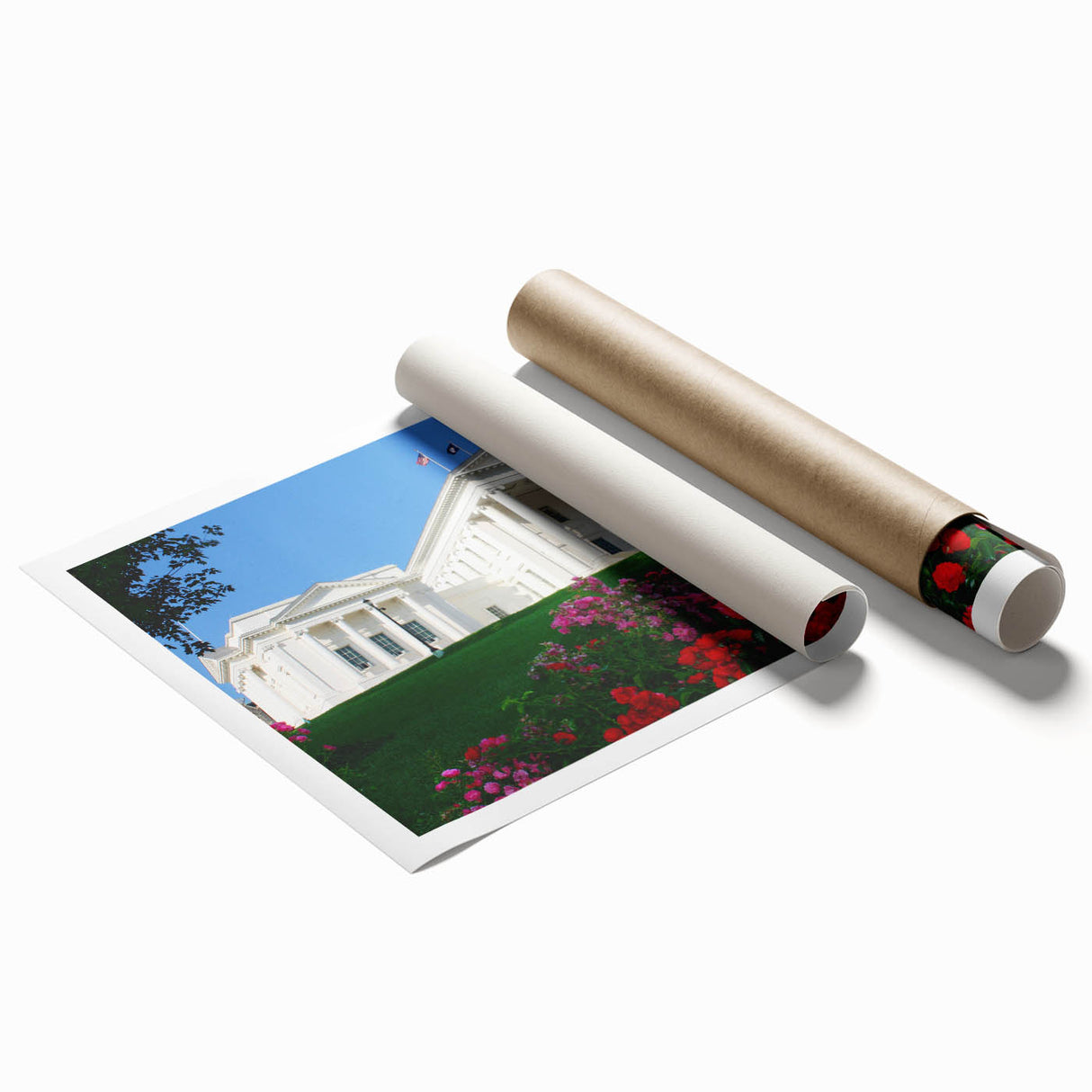 Extra large rolled print of Virginia scenery with soft floral elements in pastel shades.
