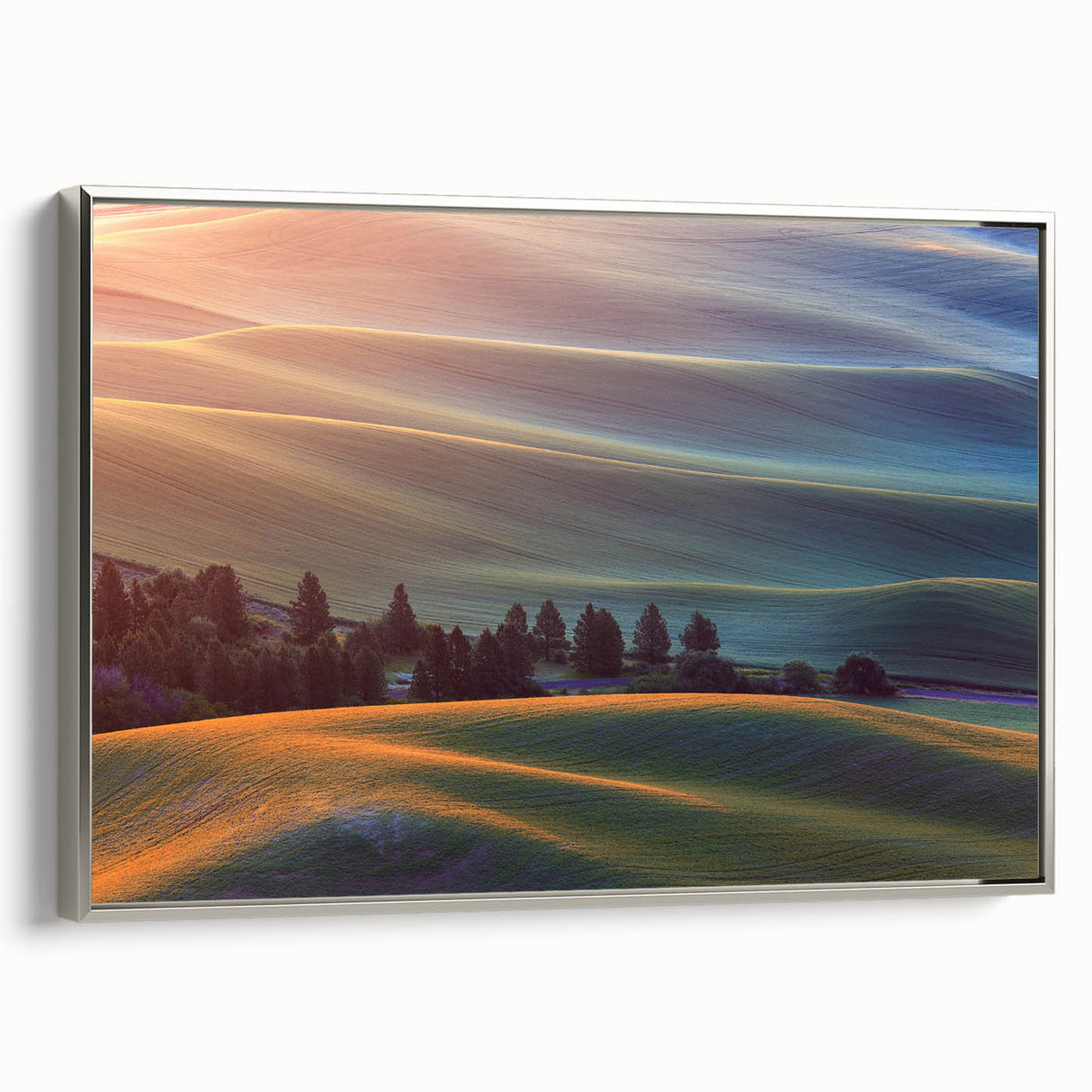 Landscape art painting of the Palouse fields in muted earth tones on a framed canvas, suitable for living room decor.