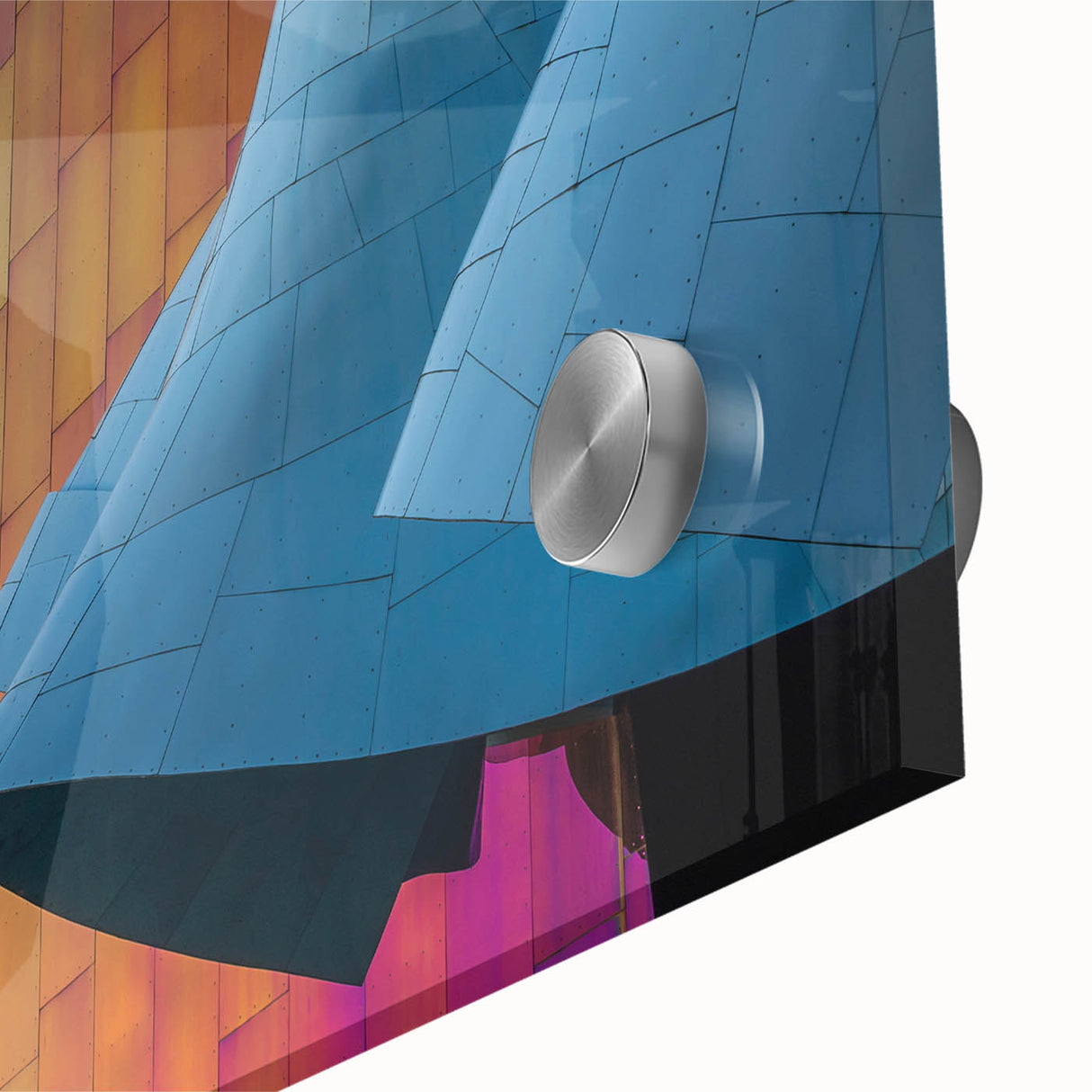 Large abstract depiction of Seattle skyline in muted blue tones on acrylic glass, suitable for dining room art.