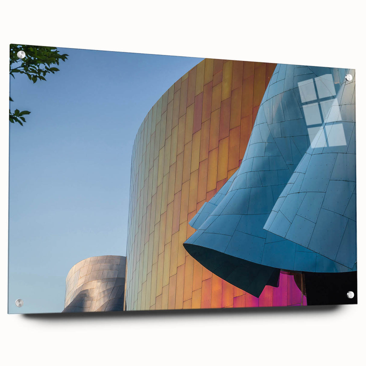 Acrylic print of Seattle skyline in muted blues and greens, suitable for bedroom or dining room decor.