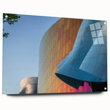 Acrylic print of Seattle skyline in muted blues and greens, suitable for bedroom or dining room decor.
