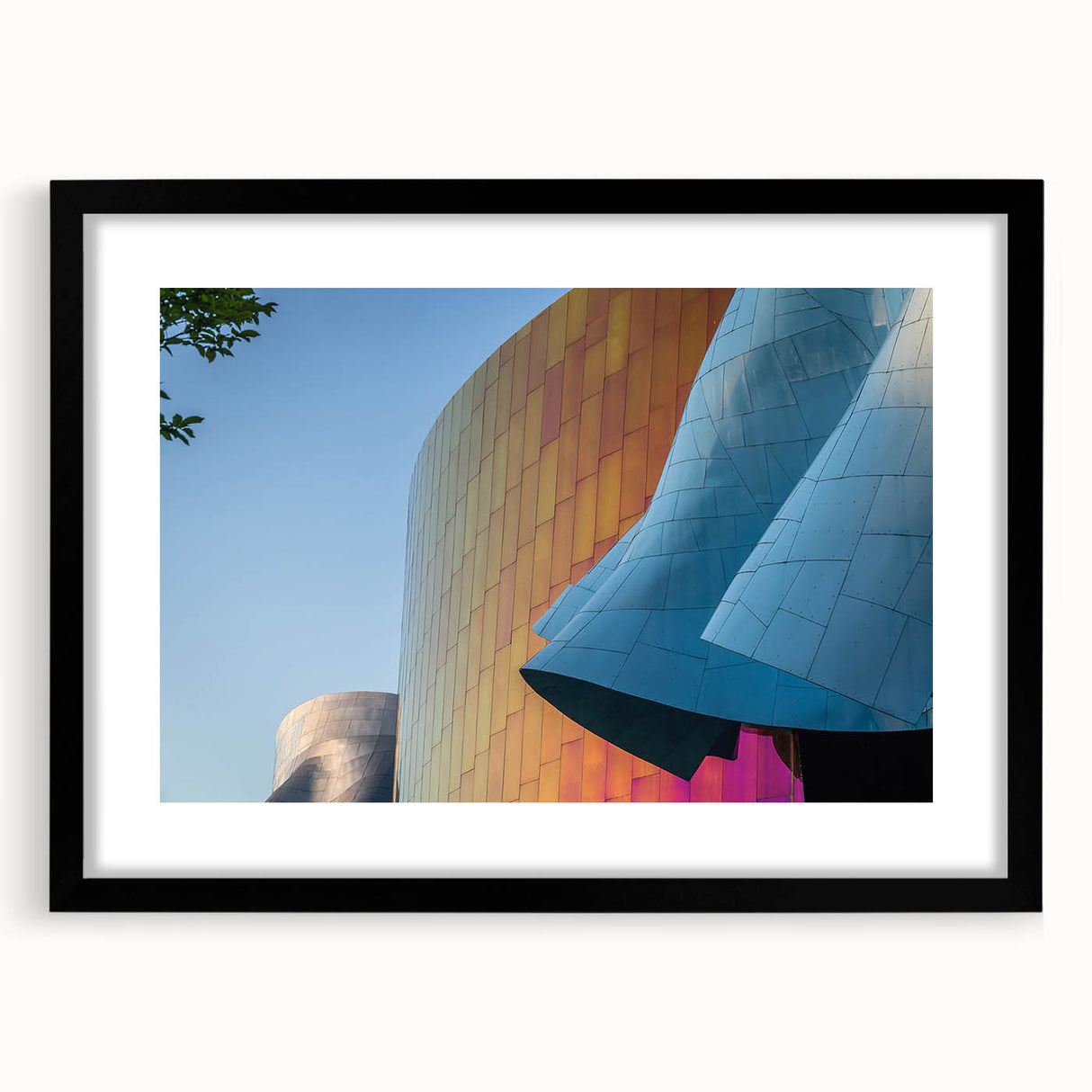 Abstract art print of Seattle skyline in colorful, textured hues on a large black-framed canvas, ideal for living room decor.