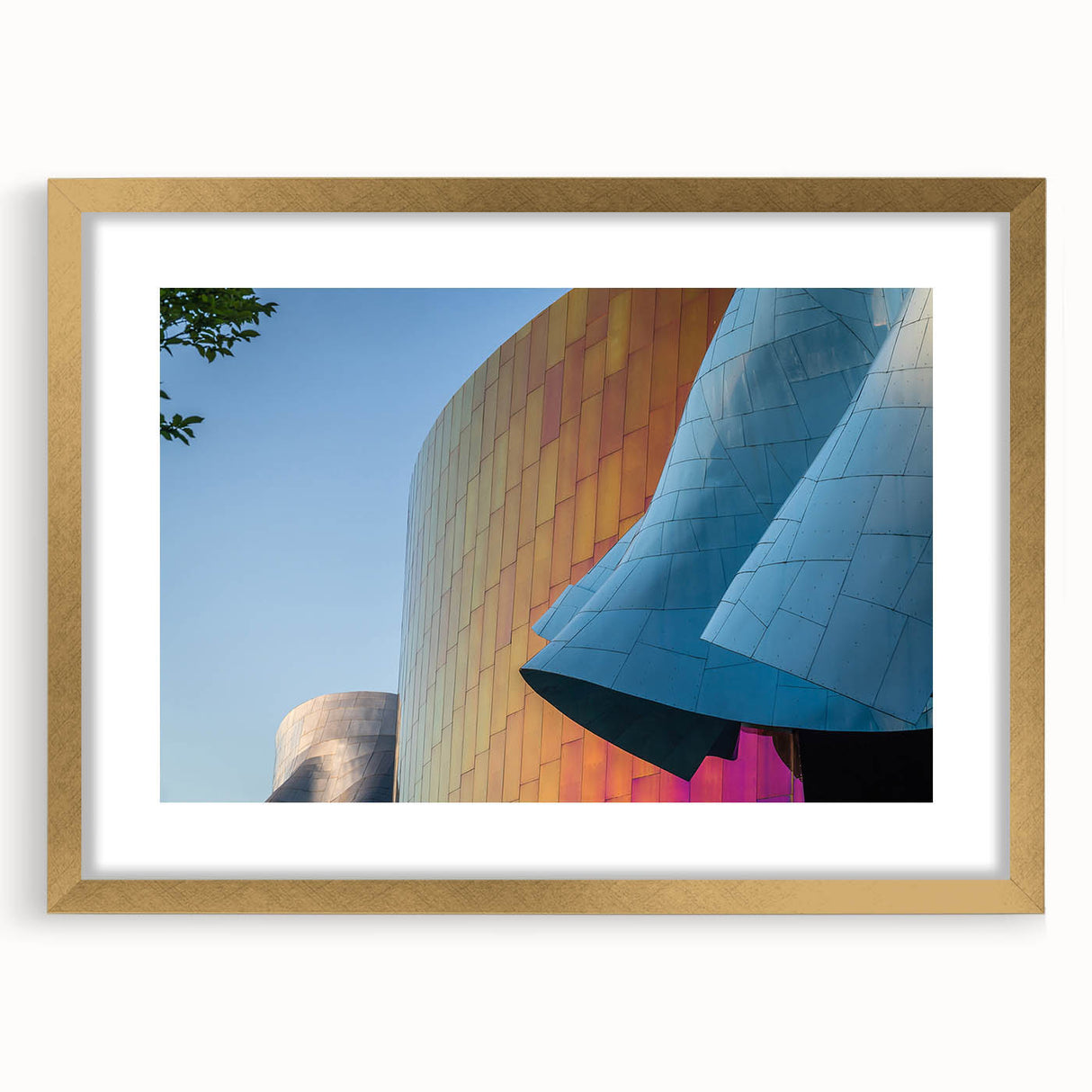 Extra large abstract art print of Seattle skyline in muted gray and blue tones on a framed canvas.