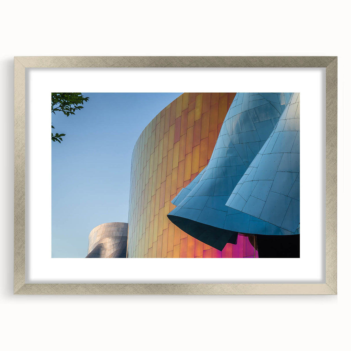 Textured art of abstract Seattle skyline in muted gray tones on a framed silver mat, ideal for bedroom wall decor.