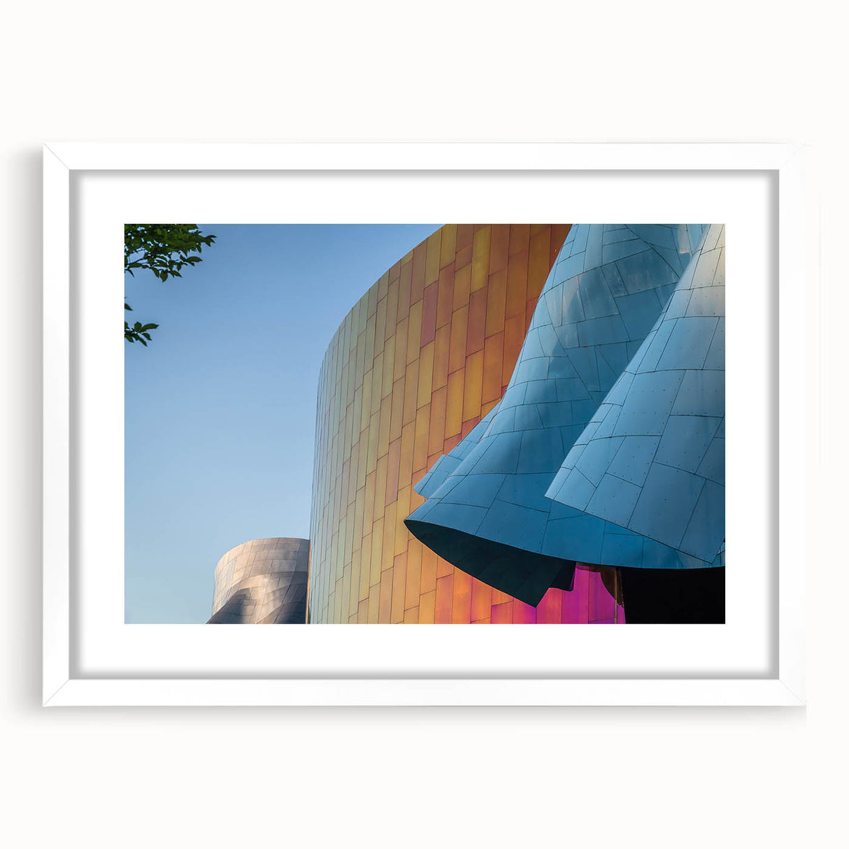 Abstract art print of Seattle skyline in muted blue and gray tones on a framed white canvas.