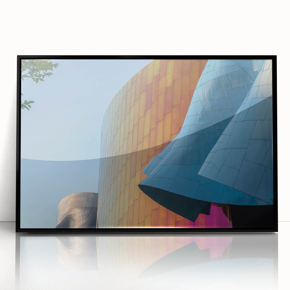 Large abstract wall art of Seattle skyline in black and white on framed acrylic, suitable for modern living room decor.