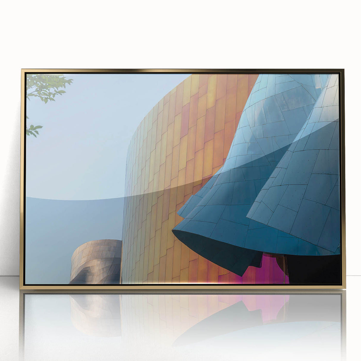 Mid-century modernist art depicting the Seattle skyline in muted earth tones on a framed acrylic panel.