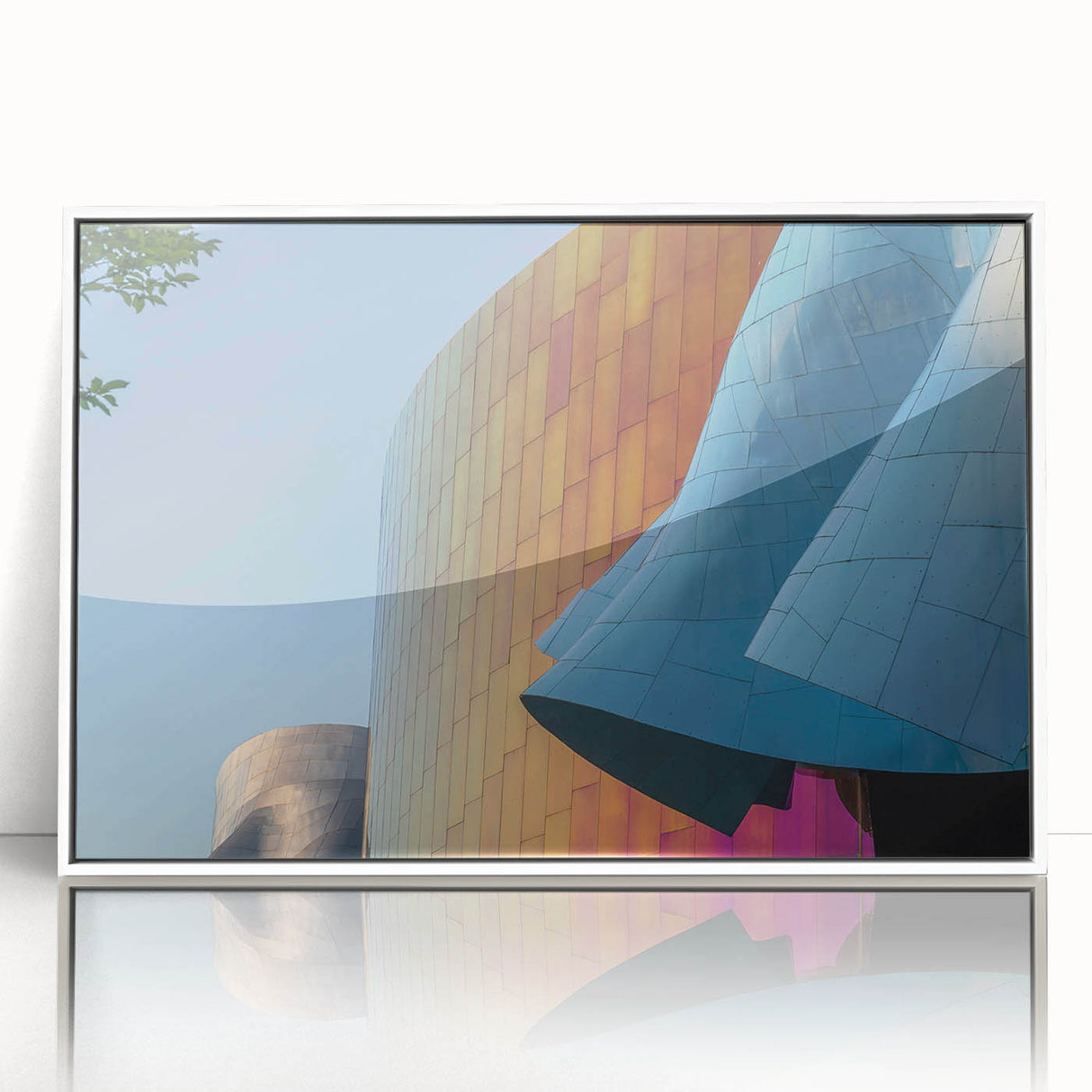 Acrylic print of Seattle skyline in pastel shades, framed in white, ideal for modern nursery decor.