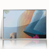 Acrylic print of Seattle skyline in pastel shades, framed in white, ideal for modern nursery decor.