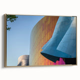 Framed canvas of a vintage Seattle landscape painting in black and gold tones, ideal for bedroom wall art.