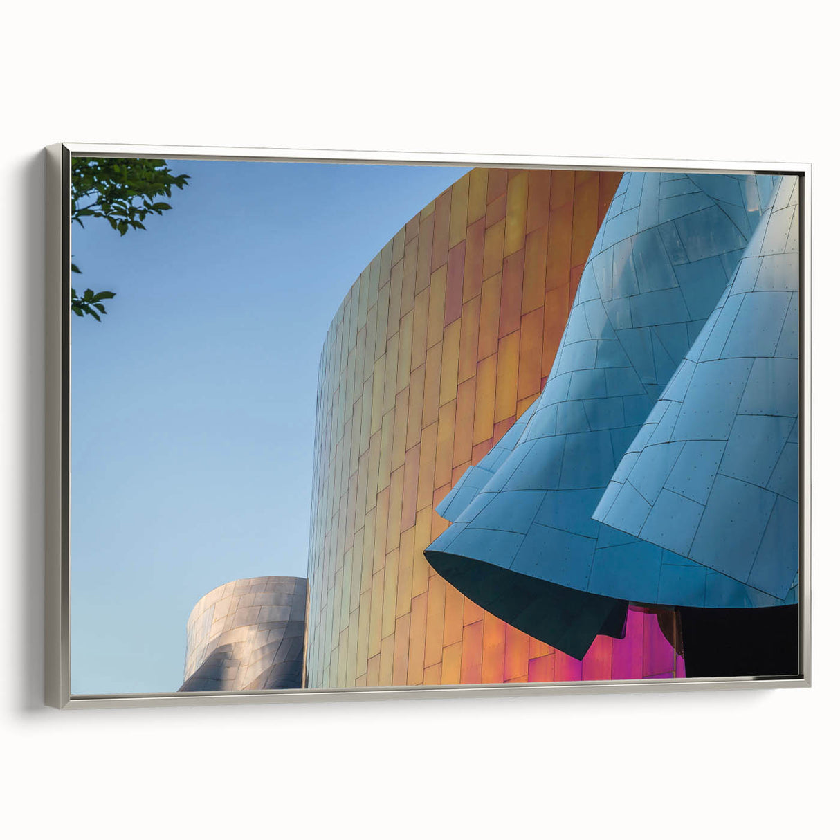 Framed canvas landscape art painting of Seattle skyline in black with colorful accents, ideal for modern office decor.