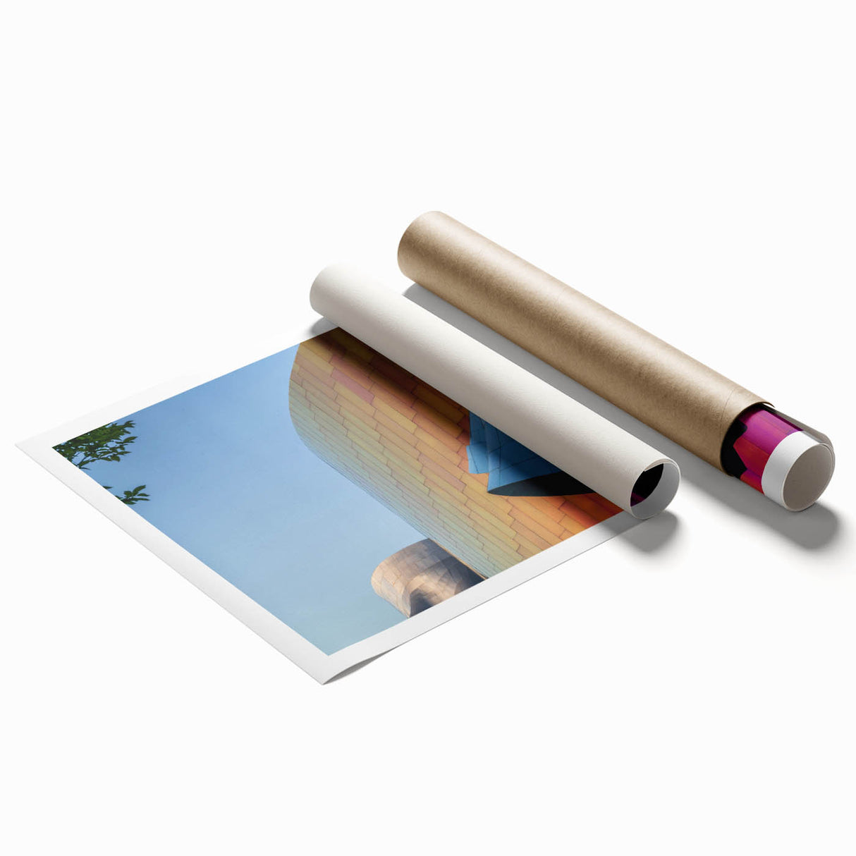 Rolled print of Seattle skyline with soft blue and gray tones, ideal for classy bathroom wall art.