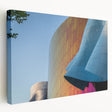 Side view of a stretched canvas featuring a detailed Seattle skyline in muted gray and blue tones.