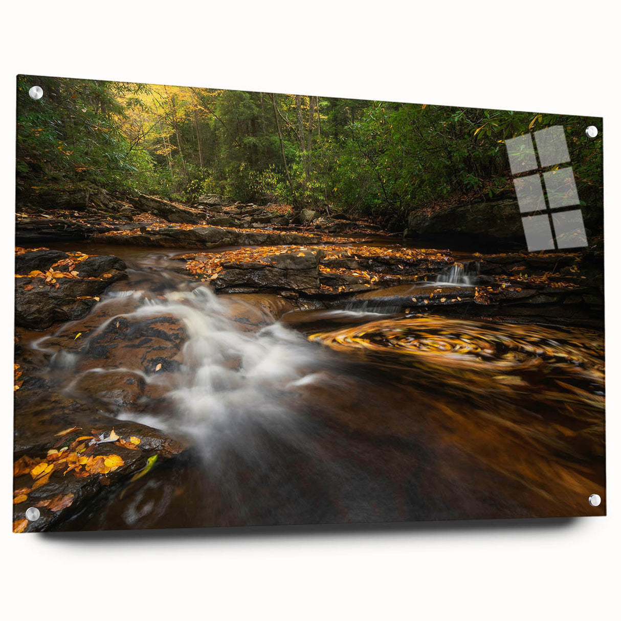 West Virginia landscape on large acrylic glass, featuring muted earth tones, ideal for dining room decor.