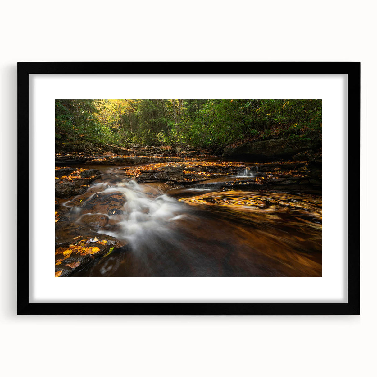 Extra large abstract art print of West Virginia scenery in vibrant colors on a black framed canvas.
