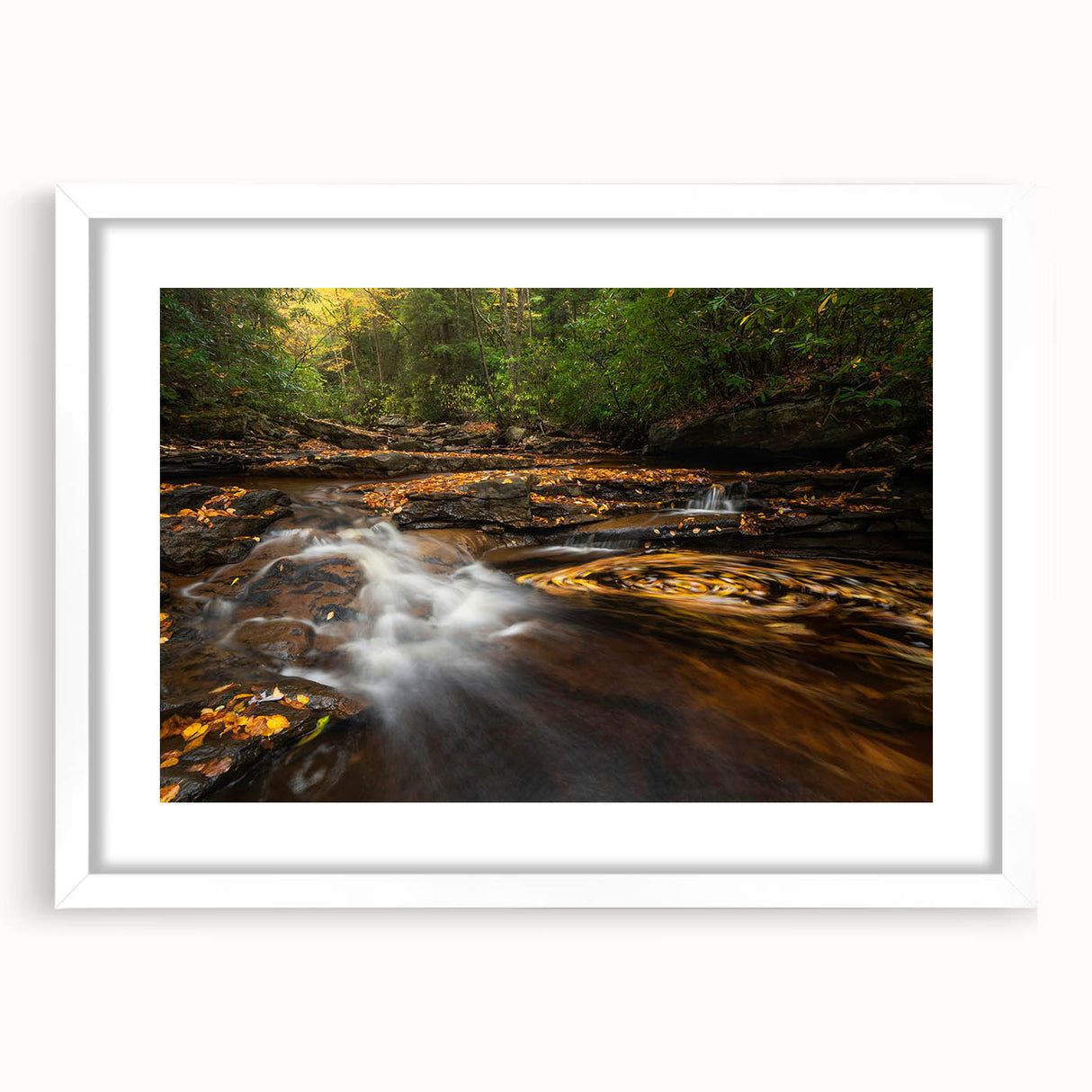 Abstract art print of West Virginia scenery in muted earth tones on a framed white mat, suitable for dining room or bedroom.