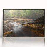 Mid-century modernist art depicting the West Virginia scenery in muted earth tones, framed in silver acrylic.