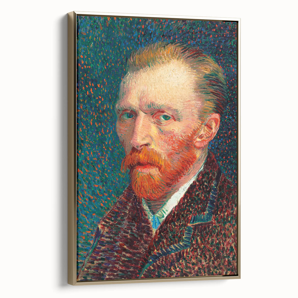 Vintage poster art of Van Gogh's painting on a framed canvas, featuring colorful art on a black background.