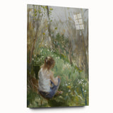 Abstract figurative acrylic artwork displayed in a glass frame from a side view, showcasing vibrant colors and unique shapes, perfect for contemporary decor.