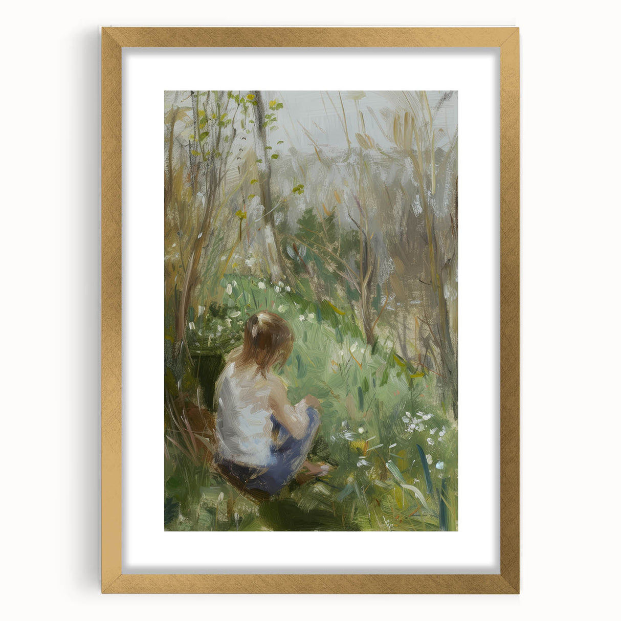 Abstract figurative art frame featuring a gold mat, showcasing a modern design with intricate details. Perfect for adding elegance to any decor.