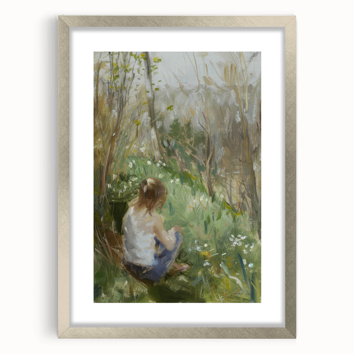 Abstract figurative frame with a silver mat, showcasing a modern artistic design. Perfect for enhancing contemporary home decor and gallery displays.