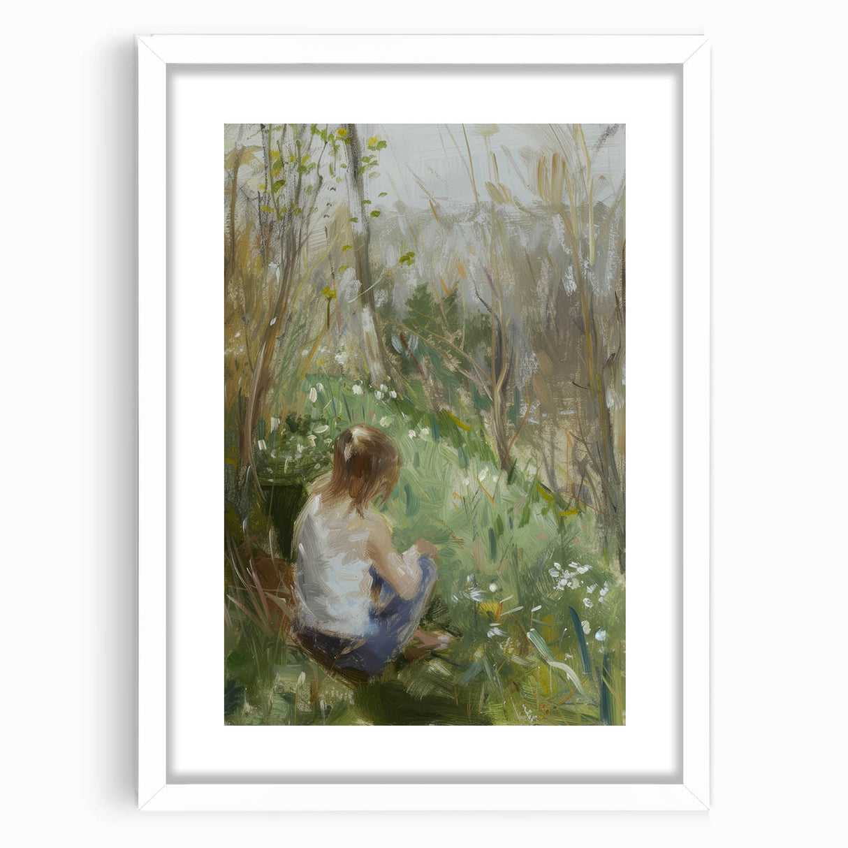 Abstract figurative frame with a white mat, showcasing a colorful abstract artwork, designed to enhance modern home decor. Front view emphasizes the vibrant colors and intricate details, perfect for art enthusiasts.