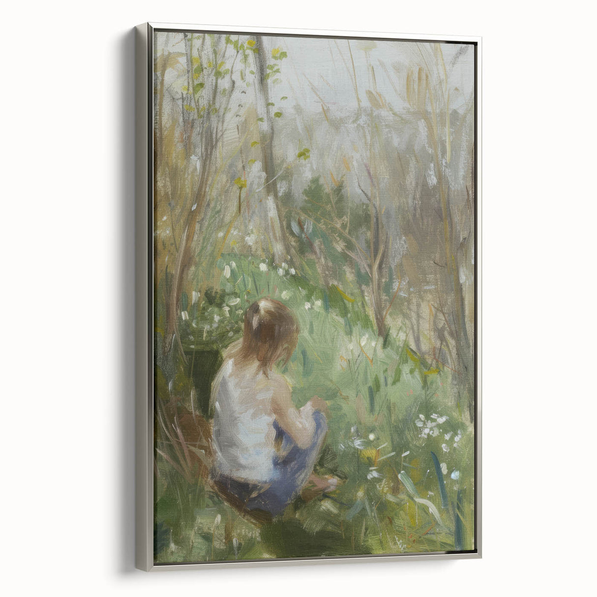 Silver-framed abstract figurative wall art canvas showcasing vibrant colors and dynamic shapes, perfect for modern home decor. Side view highlights the elegant frame.
