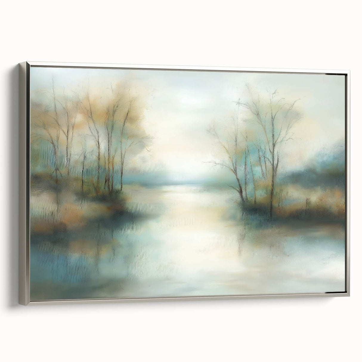 Framed abstract landscape canvas featuring a silver border, showcasing vibrant colors and textured patterns that enhance modern home decor, ideal for living rooms or offices.
