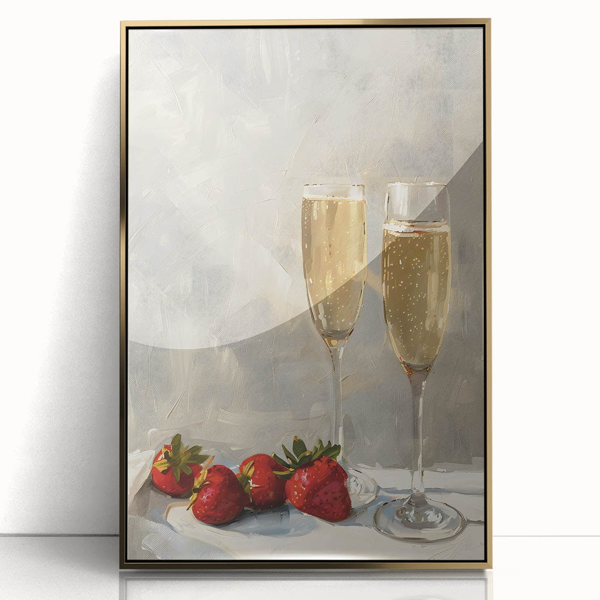 Large art print of a mid-century modernist food and drinks scene in gold tones, framed acrylic.