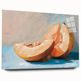 Large abstract wall art of assorted fruits in vibrant colors on acrylic glass, ideal for dining room decor.