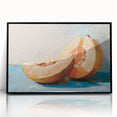 Large abstract wall art featuring assorted fruits in bold colors on a black acrylic framed print, ideal for kitchen decor.