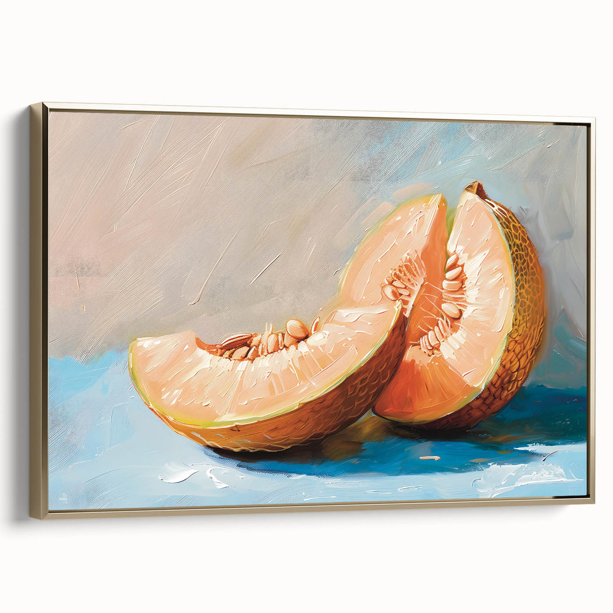 Framed canvas vintage poster art depicting a serene landscape with fruit trees in muted gold and black tones.