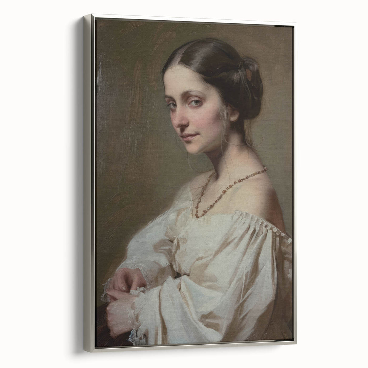 Framed abstract figurative canvas artwork showcasing elegant silver accents and dynamic shapes, ideal for modern decor. Perfect for enhancing contemporary spaces.