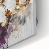 Close-up view of an abstract floral acrylic painting featuring vibrant colors of pink, green, and blue, showcasing intricate details and smooth glass texture, perfect for modern decor.