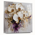 Abstract floral design on an acrylic glass panel, showcasing vibrant colors and intricate patterns, displayed at a slight angle with decorative pins, ideal for modern home decor.