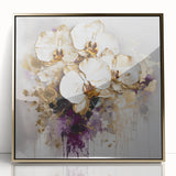 Framed acrylic artwork showcasing a vibrant abstract floral design with gold accents, perfect for modern home decor. The piece features bold colors and intricate details.
