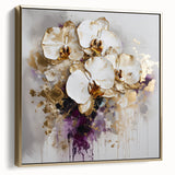 Framed abstract floral canvas art featuring a blend of silver and gold tones, set against a modern background, perfect for enhancing contemporary decor.