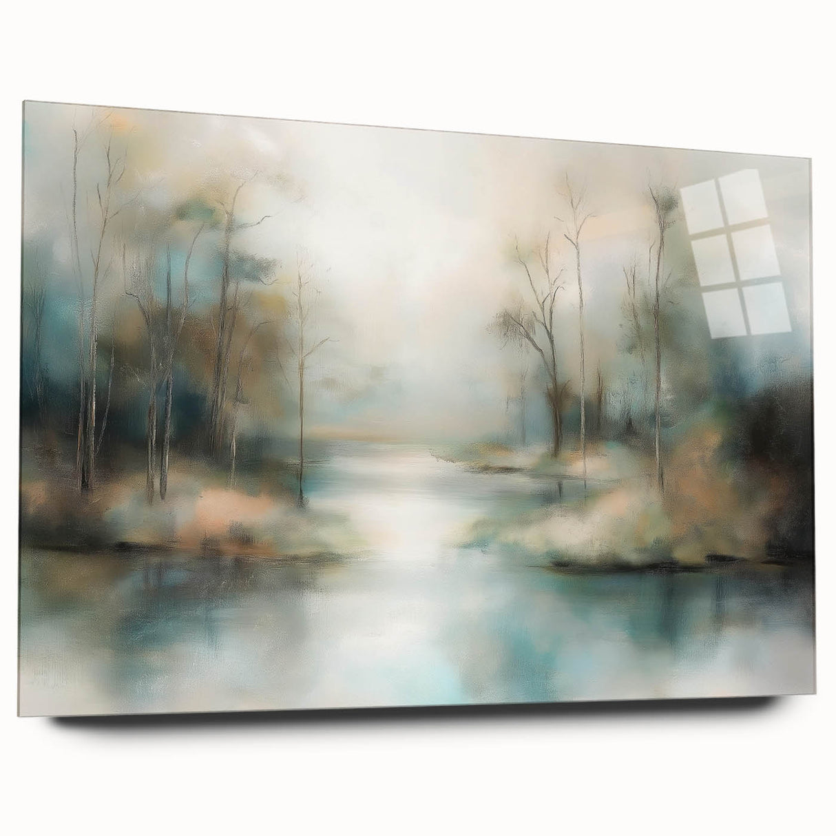 Abstract landscape artwork displayed on acrylic glass from a side view, showcasing vibrant colors and fluid shapes, perfect for modern interior decor.