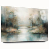 Abstract landscape artwork displayed on acrylic glass from a side view, showcasing vibrant colors and fluid shapes, perfect for modern interior decor.