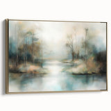 Abstract landscape framed canvas artwork in gold, showcasing vibrant hues of blue and green. The side view highlights its elegant frame and modern design, perfect for contemporary home decor.