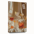Large abstract wall art on acrylic glass depicting vibrant swirls of red and orange, ideal for dining room decor.