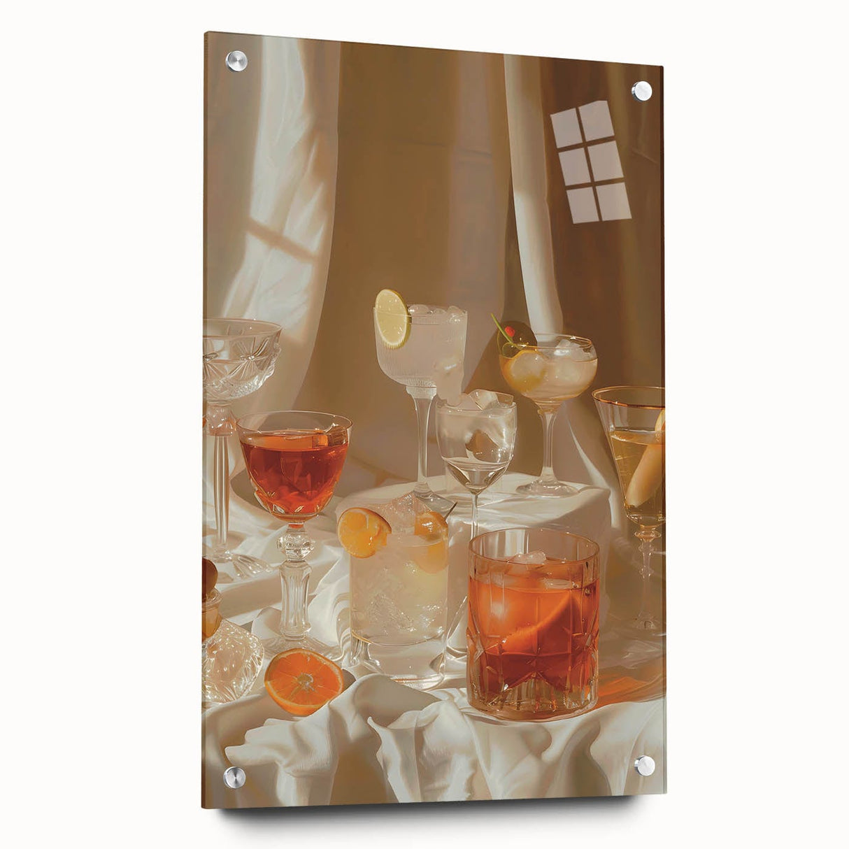 Large abstract wall art on acrylic glass depicting vibrant swirls of red and orange, ideal for dining room decor.