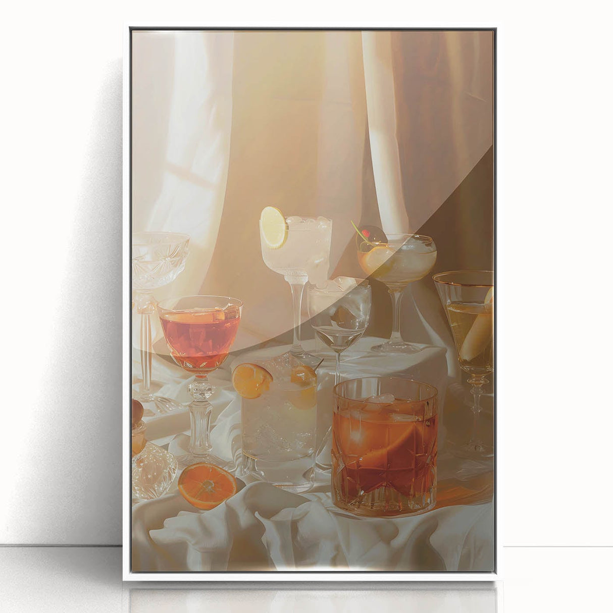 Art deco poster featuring a stylized cocktail, in vibrant red and gold tones on a white acrylic print.