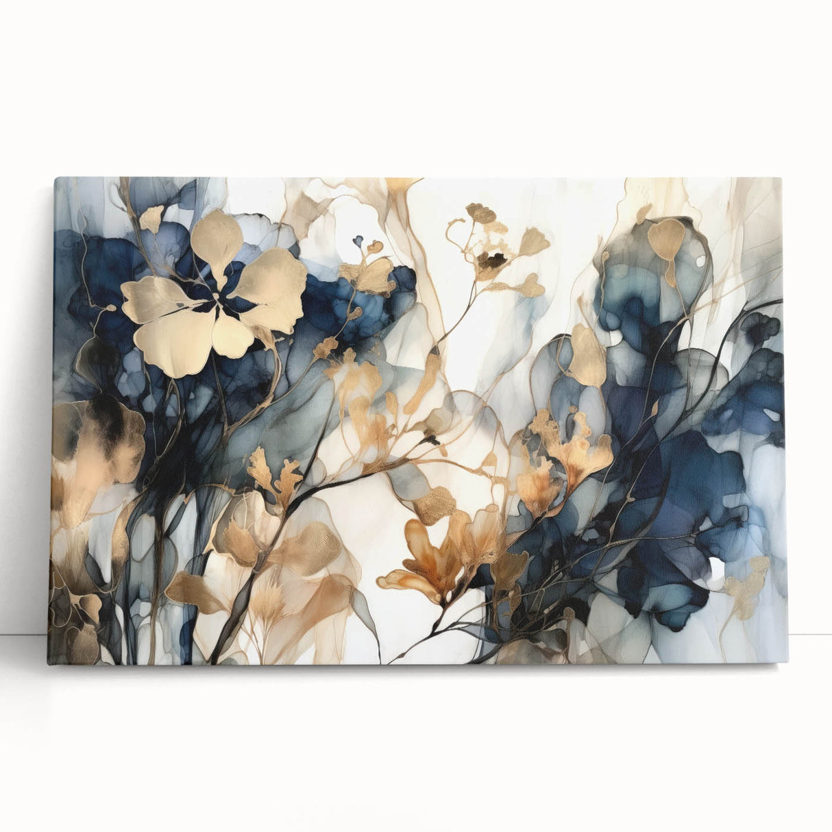 Elegant Navy & Gold Floral Wall Art – Modern Canvas Print