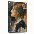 Abstract figurative acrylic artwork displayed in a side view, showcasing vibrant colors and intricate pin detailing, perfect for modern home decor.