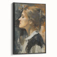 Framed abstract figurative canvas artwork showcasing dynamic shapes in rich black tones, perfect for modern home decor, viewed from the side.