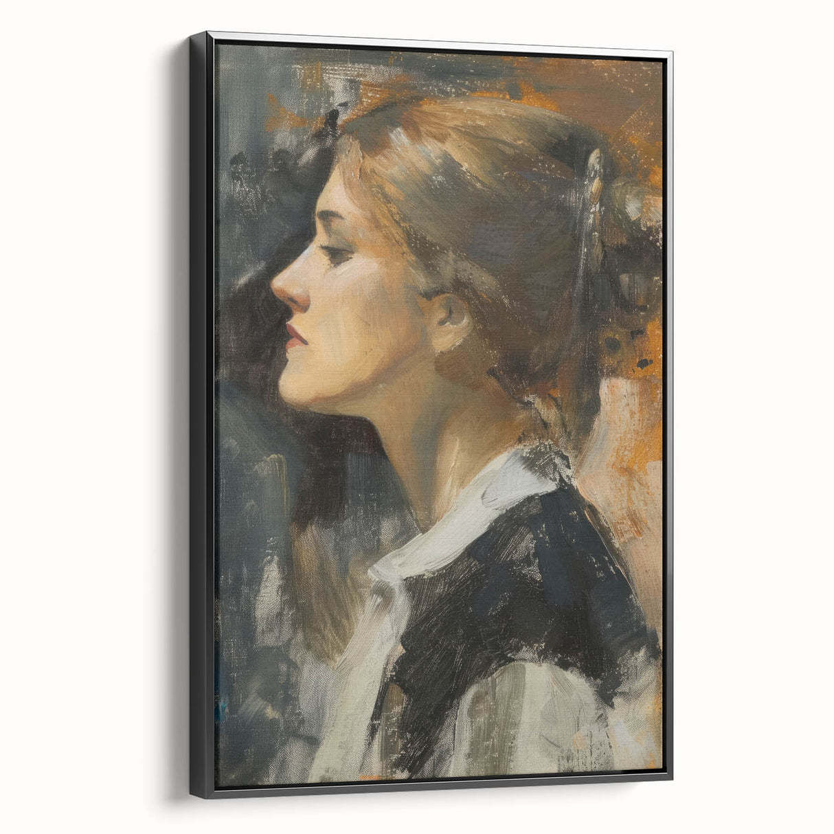 Framed abstract figurative canvas artwork showcasing dynamic shapes in rich black tones, perfect for modern home decor, viewed from the side.