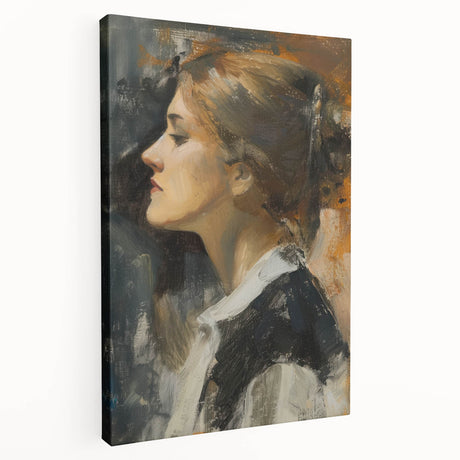 Abstract figurative stretched canvas artwork showcasing vibrant colors and dynamic shapes, displayed from a side view to highlight its depth and texture. Perfect for modern home decor.